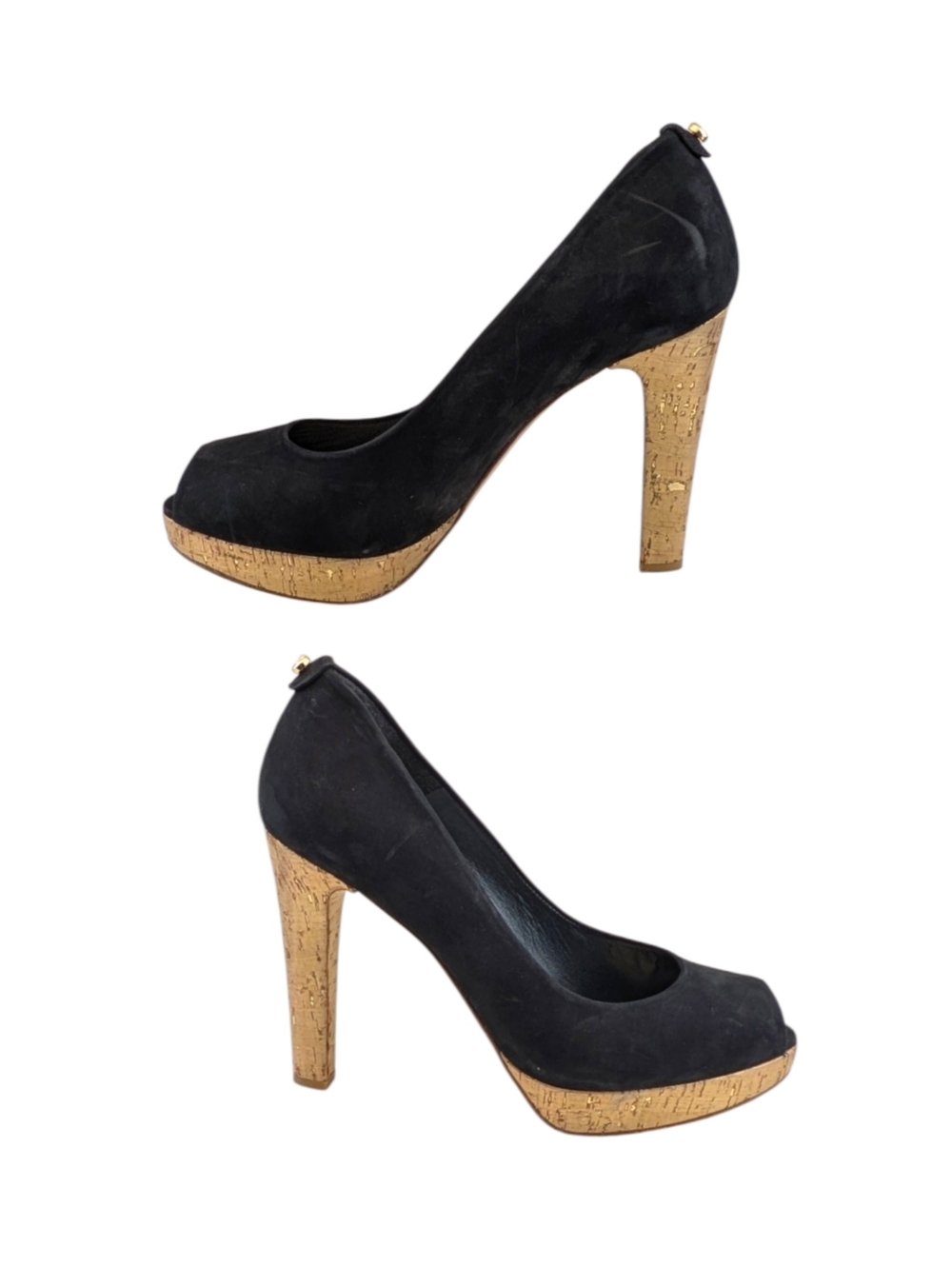 Stuart Weitzman Suede Black Peep Toe Cork Platform Heels Size 9.5 M S4036 - Picture 6 of 12